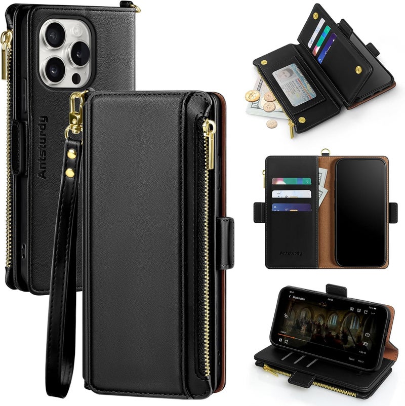 Antsturdy Compatible with iPhone 16 Pro Max Wallet Case,RFID Blocking PU Leather Phone Case Women Men Kickstand flip Cover Wrist Strap Zipper Credit Card Holder Slots for Apple 16 ProMax,Black - Image 1